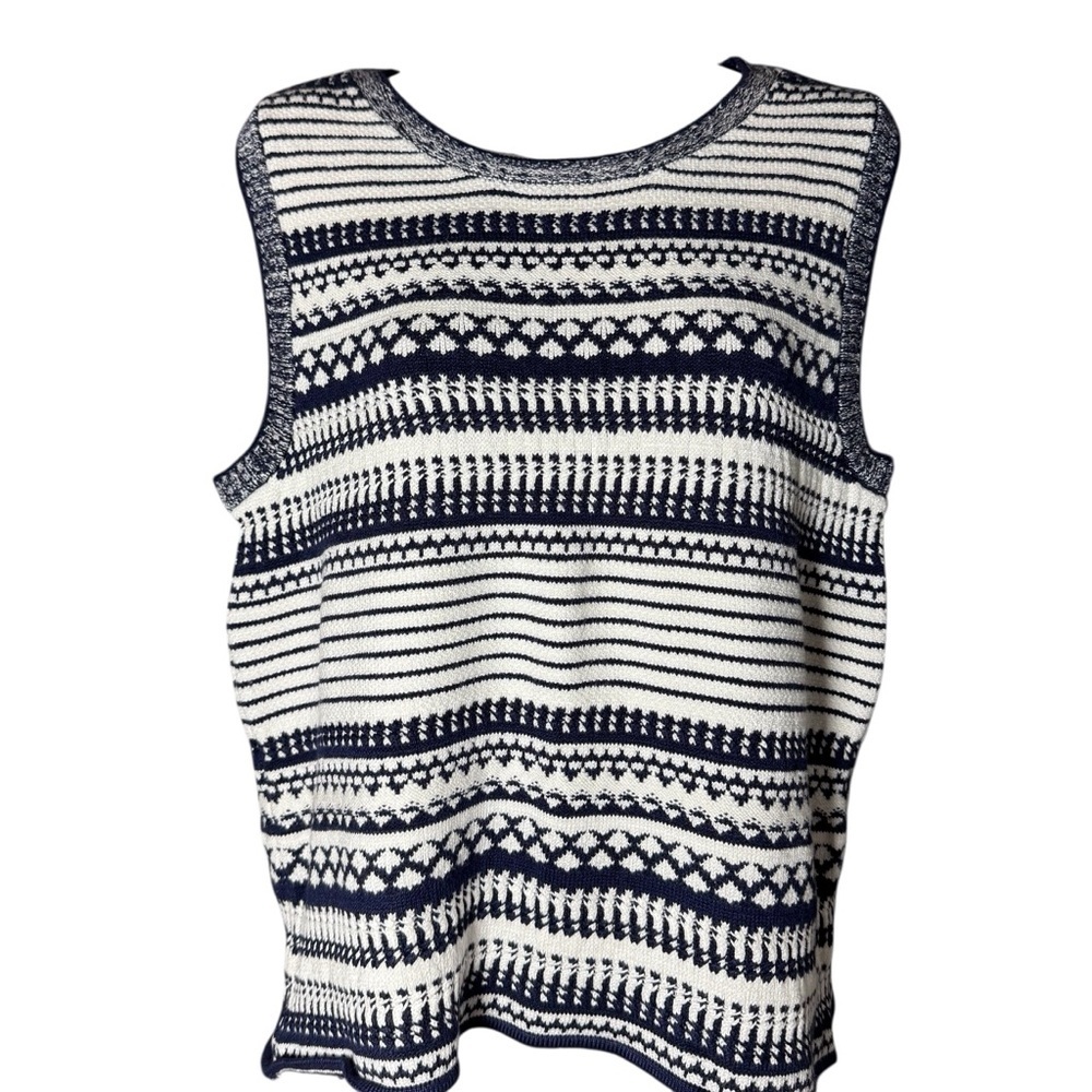 Rachel Zoe XL Navy White Knit Sweater Vest Preppy Coastal Grandma Chic Boho